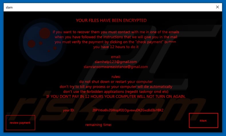 SLAM ransomware ransom note (pop-up)