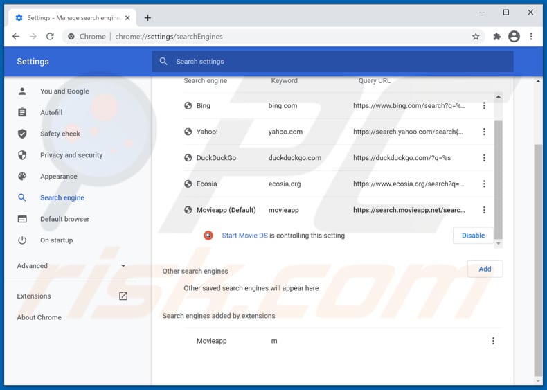 Removing search.movieapp.net from Google Chrome default search engine
