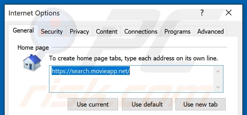Removing search.movieapp.net from Internet Explorer homepage