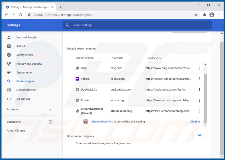 Removing streamsearching.com from Google Chrome default search engine