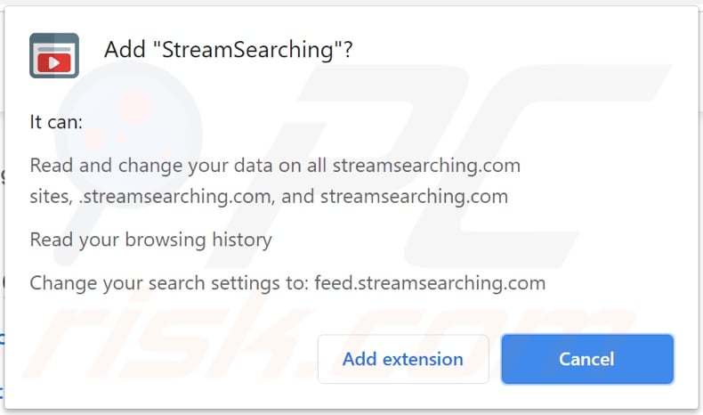 StreamSearching browser hijacker asking for permissions