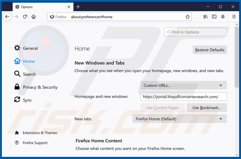 Removing thepdfconvertersearch.com from Mozilla Firefox homepage