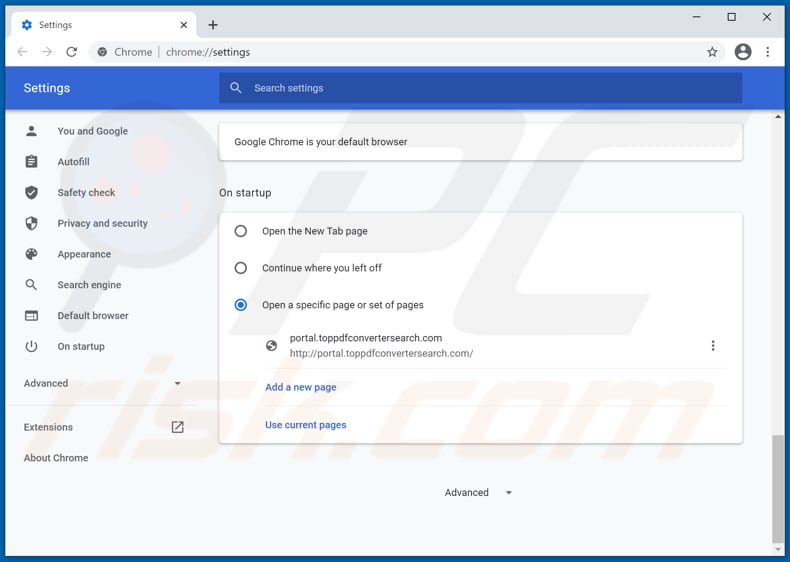 Removing toppdfconvertersearch.com from Google Chrome homepage