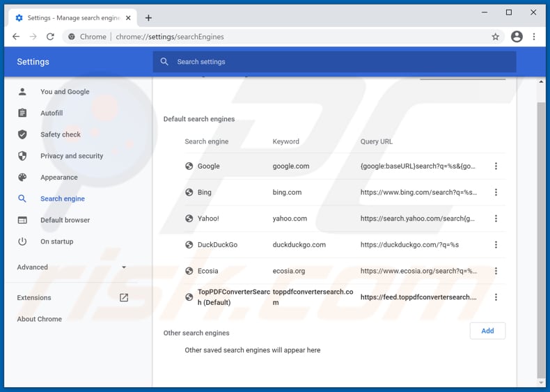 Removing toppdfconvertersearch.com from Google Chrome default search engine