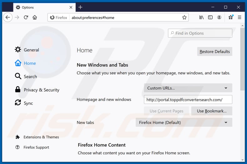 Removing toppdfconvertersearch.com from Mozilla Firefox homepage