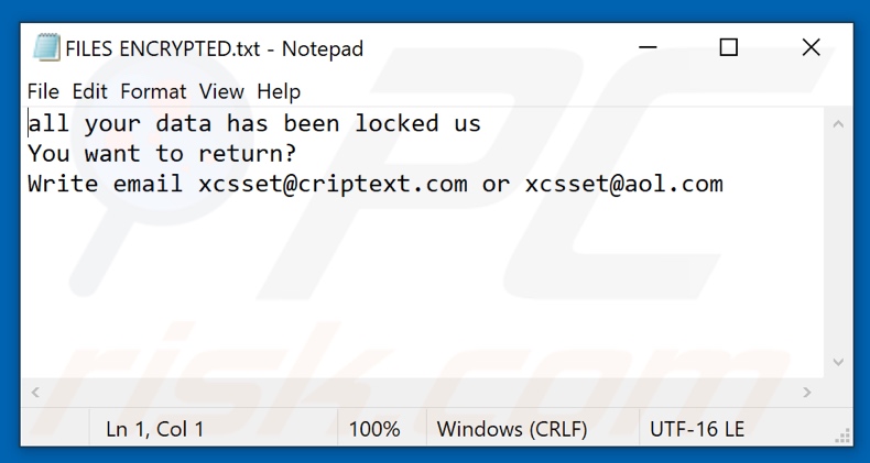 Xcss ransomware text file (FILES ENCRYPTED.txt)