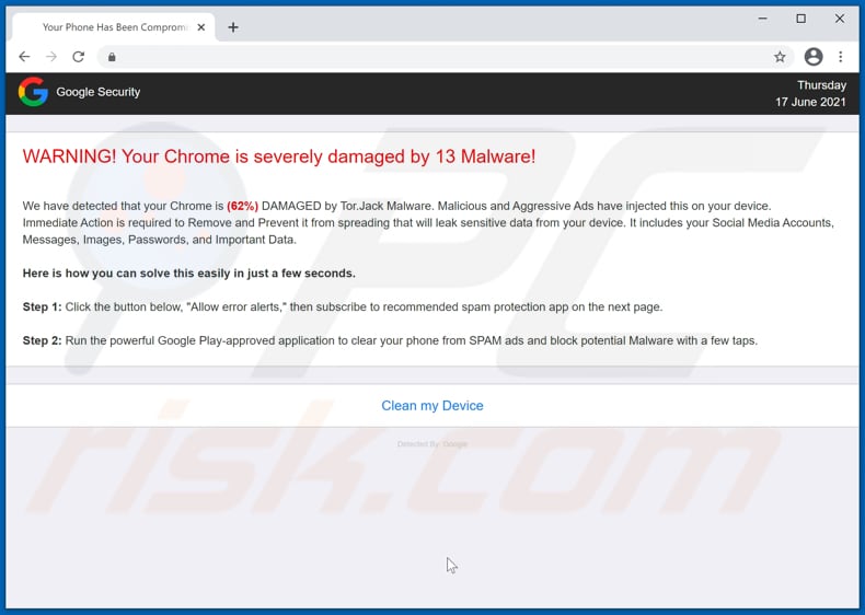 Your Chrome is severely damaged by 13 Malware! scam