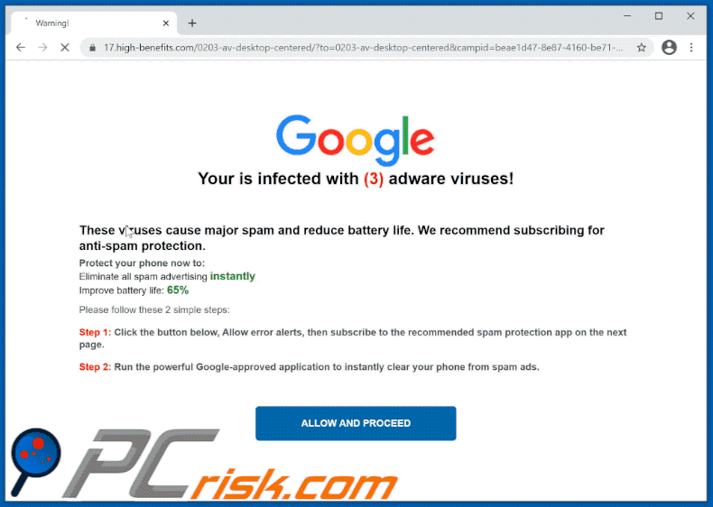 Appearance of Your device is infected with a spam virus scam