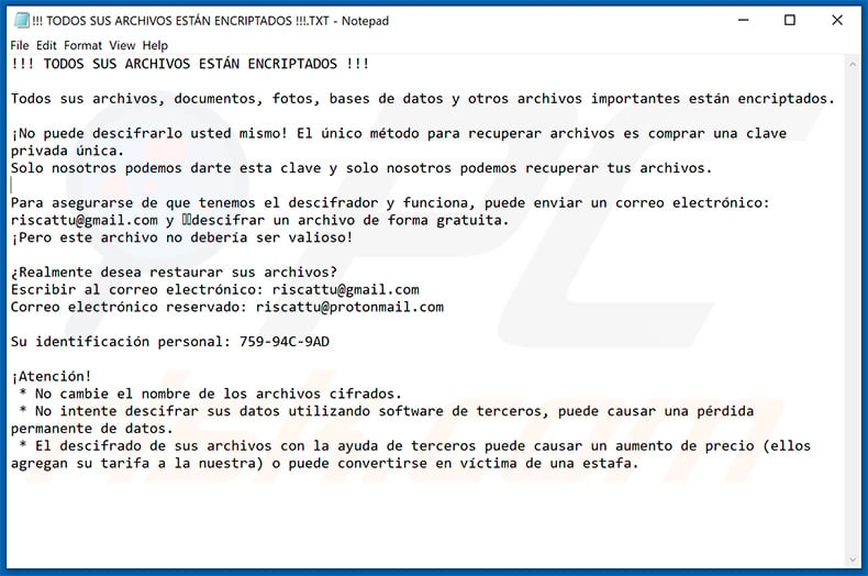 ZEPPELIN Spanish ransom note - !!! TODOS SUS ARCHIVOS ESTÁN ENCRIPTADOS !!!.TXT