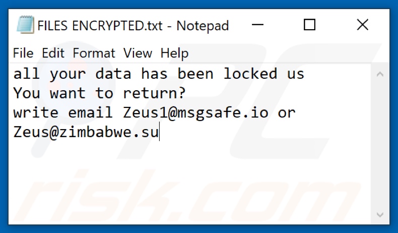 ZEUS ransomware text file (FILES ENCRYPTED.txt)