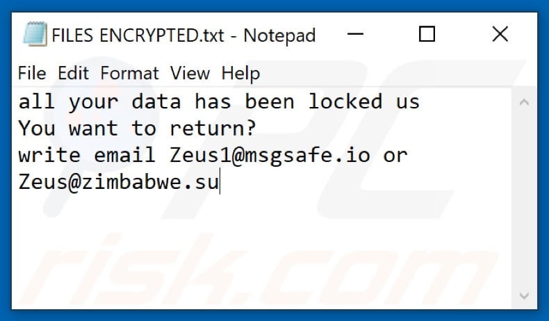 ZEUS ransomware text file (FILES ENCRYPTED.txt)