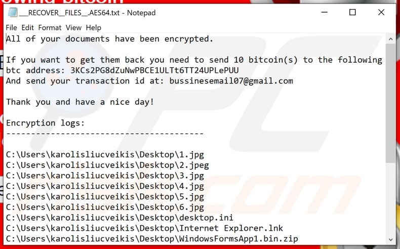 AES64 ransomware text file (___RECOVER__FILES__.AES64.txt)