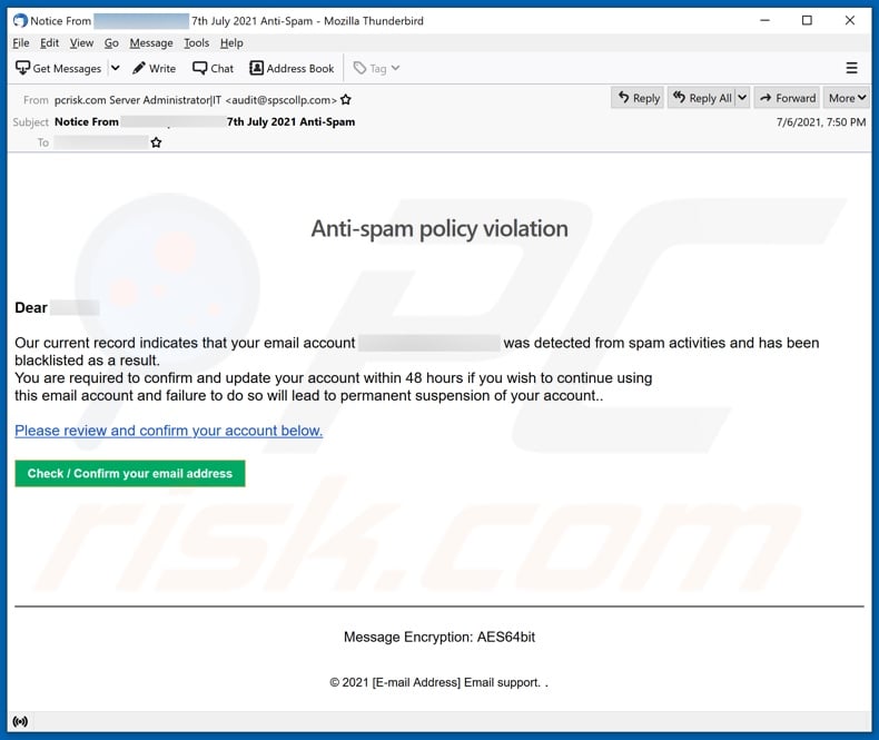 Anti-spam policy violation email spam campaign