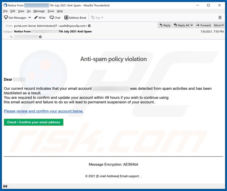 Anti-spam policy violation email spam campaign