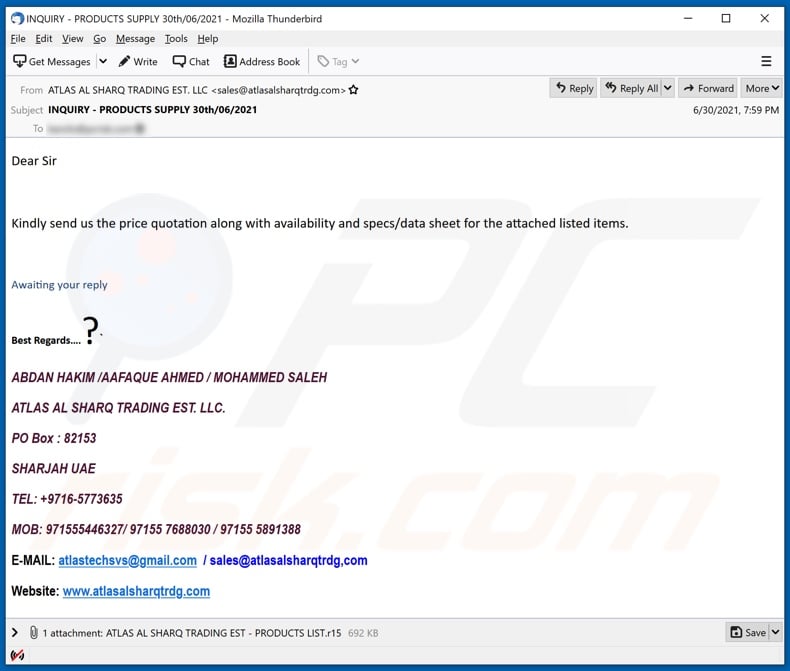 ATLAS AL SHARQ TRADING malware-spreading email spam campaign