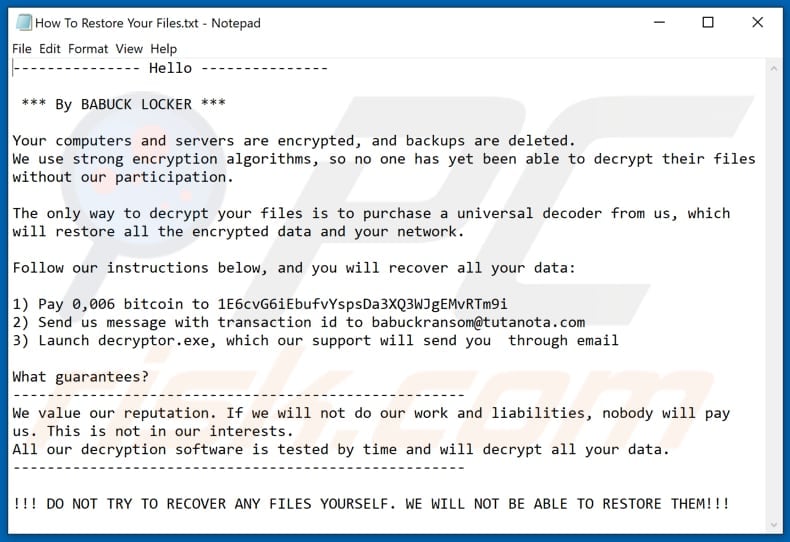 Babyk ransomware ransom note (How To Restore Your Files.txt)