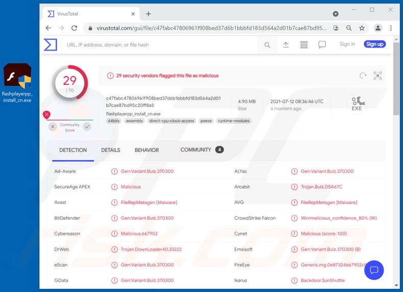 BIOPASS malware detections on VirusTotal