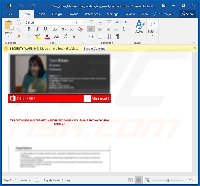 Malicious MS Word document designed to inject Bozok RAT into the system