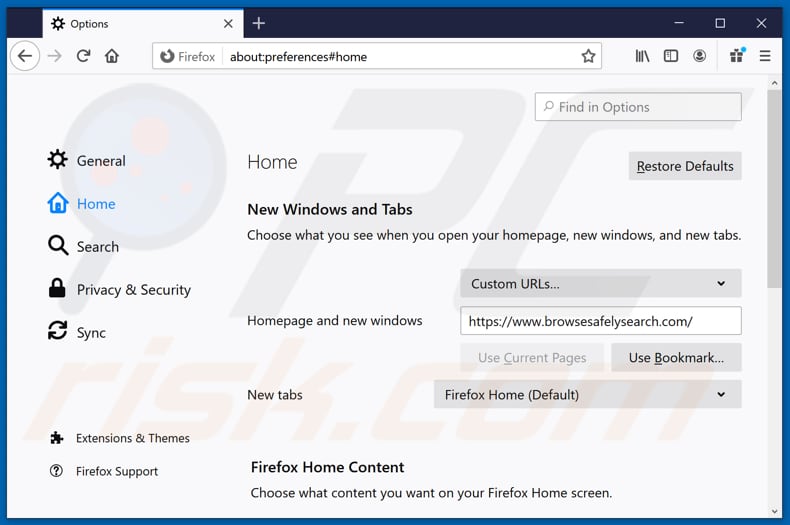 Removing browsesafelysearch.com from Mozilla Firefox homepage