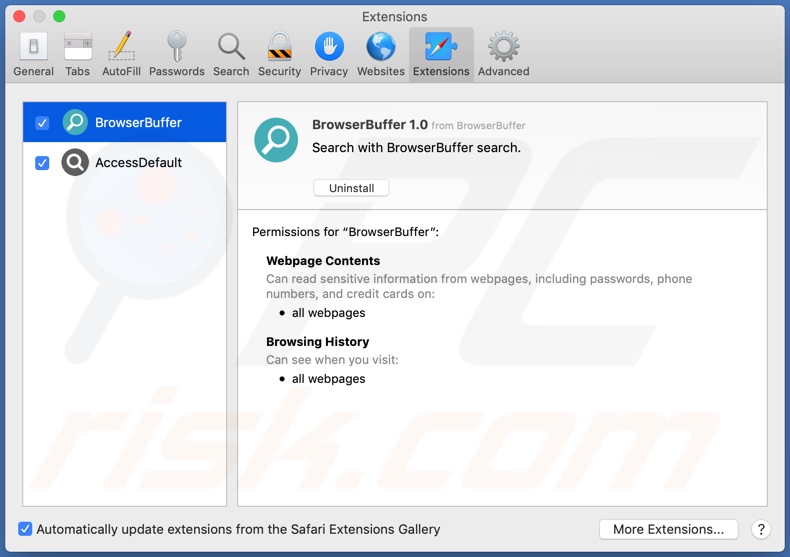 BrowserBuffer adware installed onto Safari