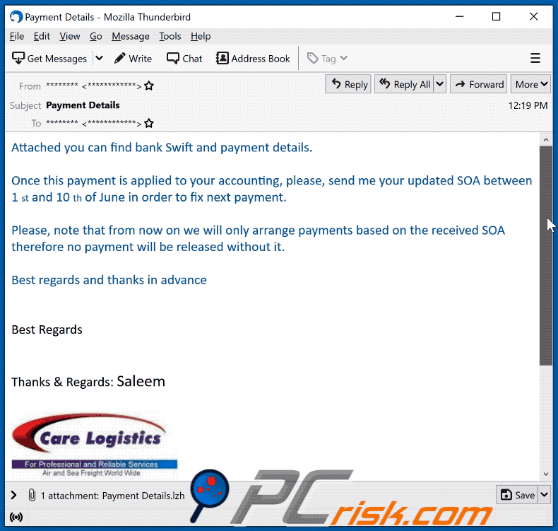 Care Logistics scam email appearance (GIF)
