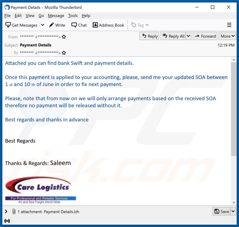 Care Logistics malware-spreading email spam campaign