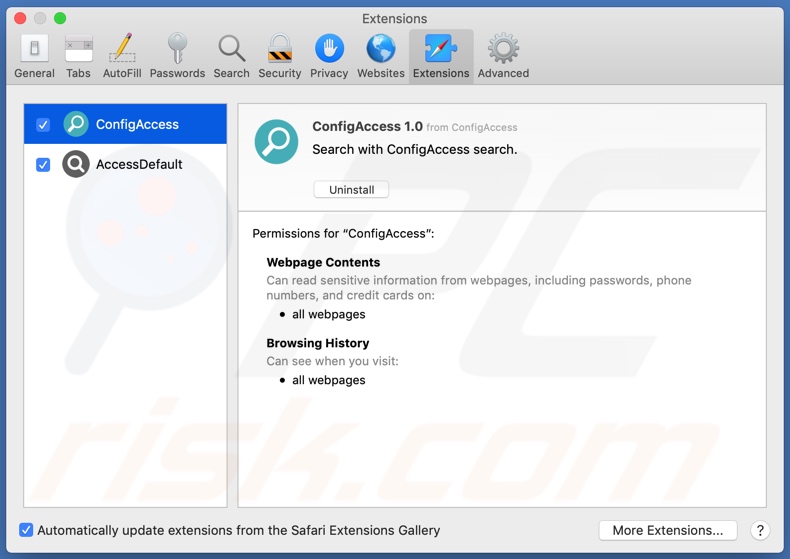 ConfigAccess adware installed onto Safari