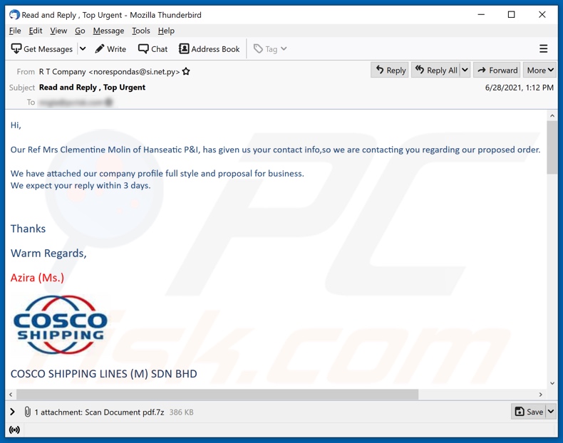 COSCO Shipping malware-spreading email spam campaign