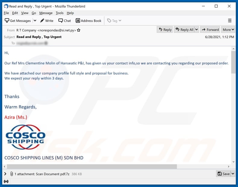 COSCO Shipping malware-spreading email spam campaign