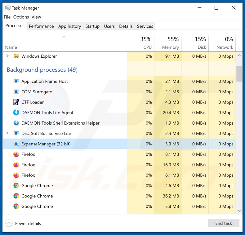 COSCO Shipping email virus attachment process on Task Manager (ExpenseManager - process name)