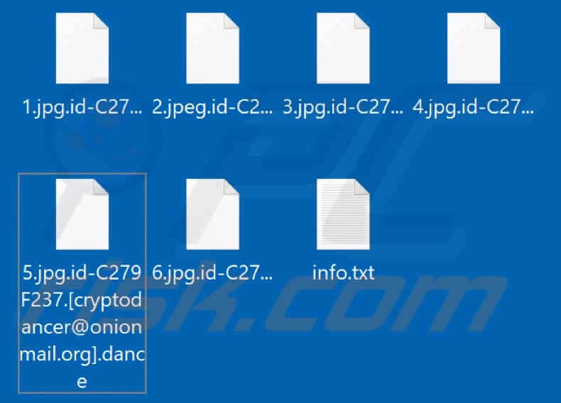 Files encrypted by Dance ransomware (.dance extension)