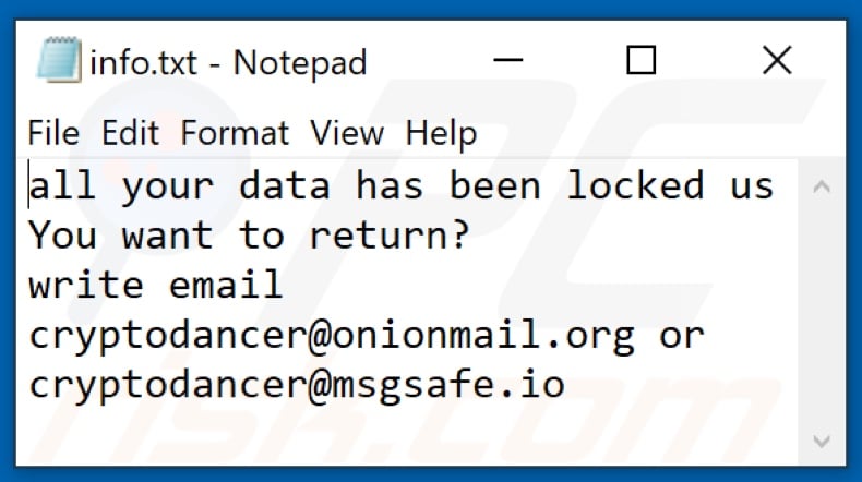 Dance ransomware text file (info.txt)