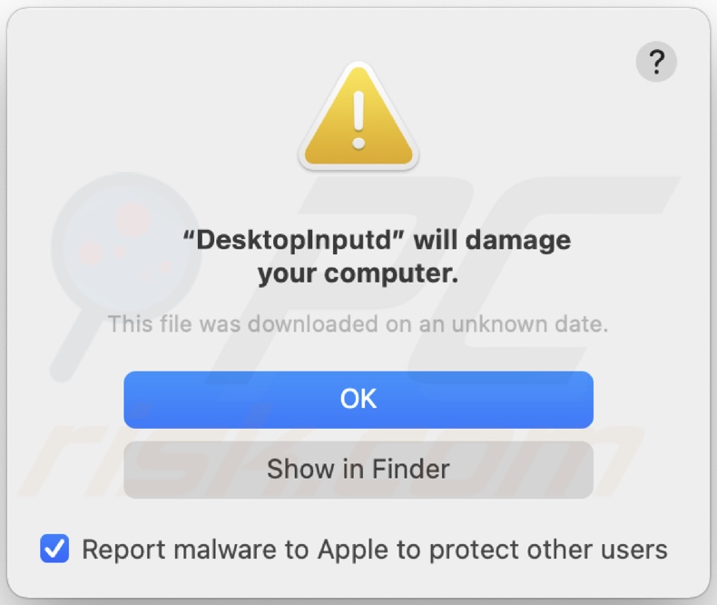 Pop-up displayed when DesktopInput adware is detected on the system