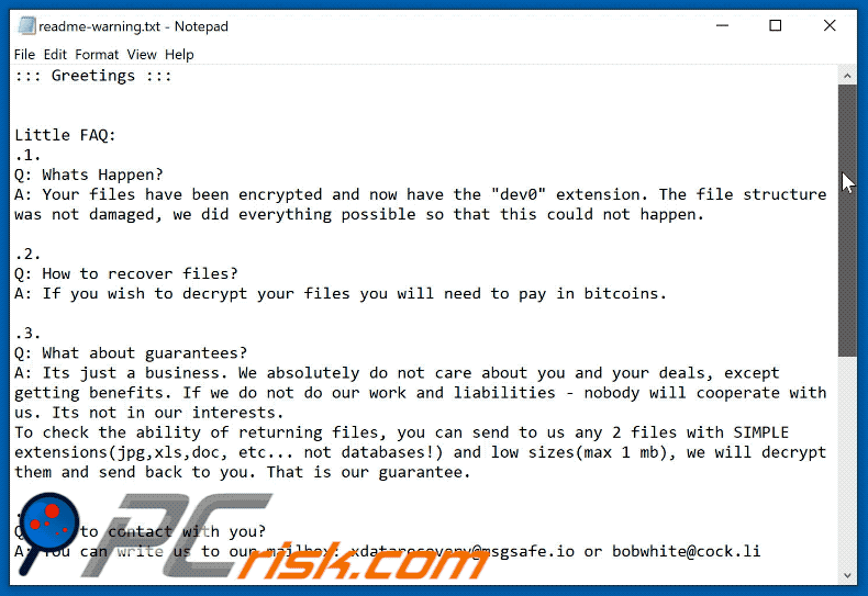Dev0 ransomware ransom note appearance GIF (readme-warning.txt)