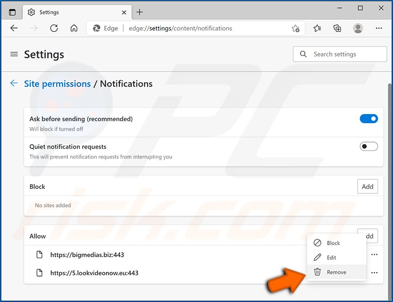 Disabling browser notifications in Microsoft Edge web browser (PC)