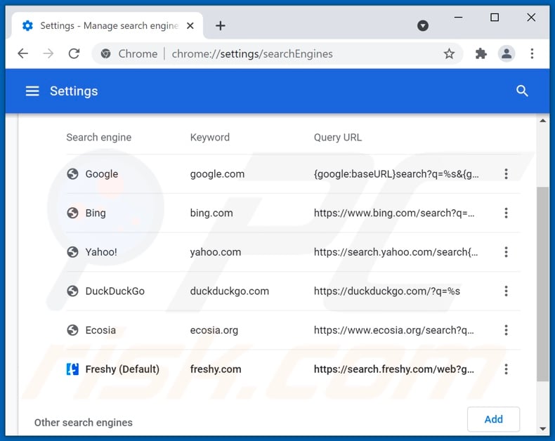 Removing freshysearch.com from Google Chrome default search engine