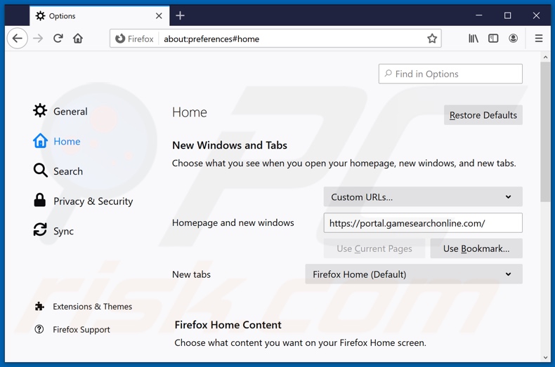 Removing gamesearchonline.com from Mozilla Firefox homepage