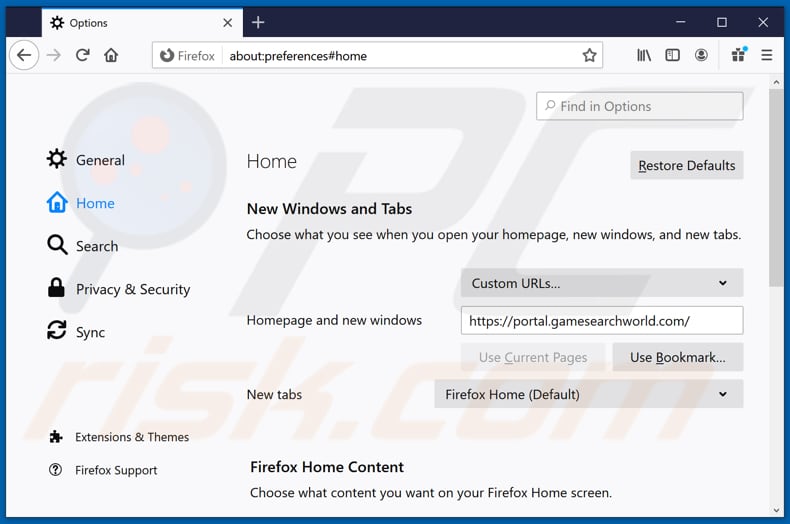 Removing gamesearchworld.com from Mozilla Firefox homepage