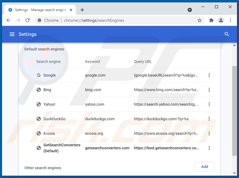 Removing getsearchconverters.com from Google Chrome default search engine