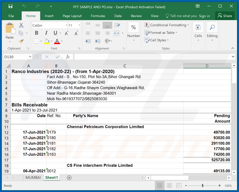 Malicious attachment distributed through GOYAL ARTS AND TOYS email spam campaign (PTT SAMPLE AND PO.xlsx)