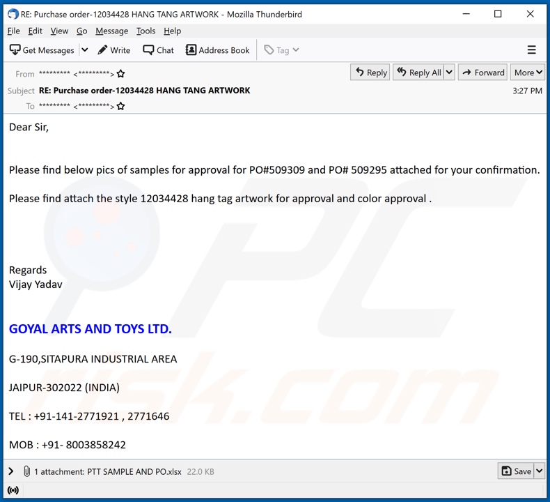 GOYAL ARTS AND TOYS malware-spreading email spam campaign