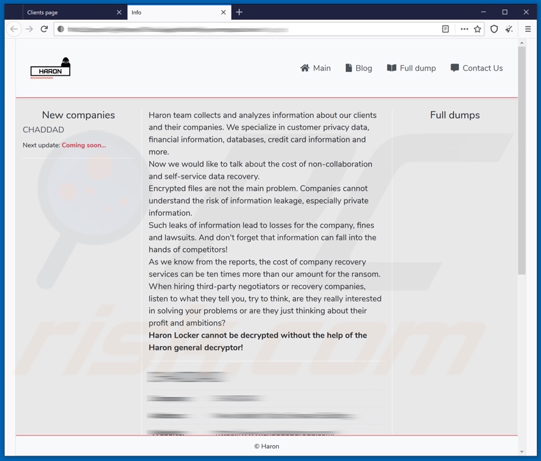 Haron ransomware data-leaking blog