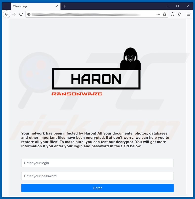 Haron ransomware log-in webpage