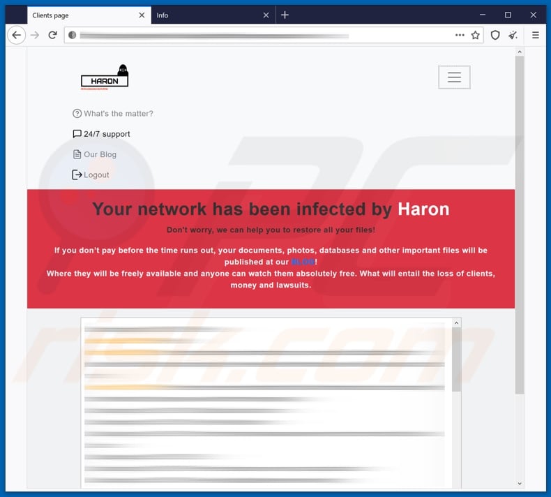 Haron ransomware displayed webpage after log in