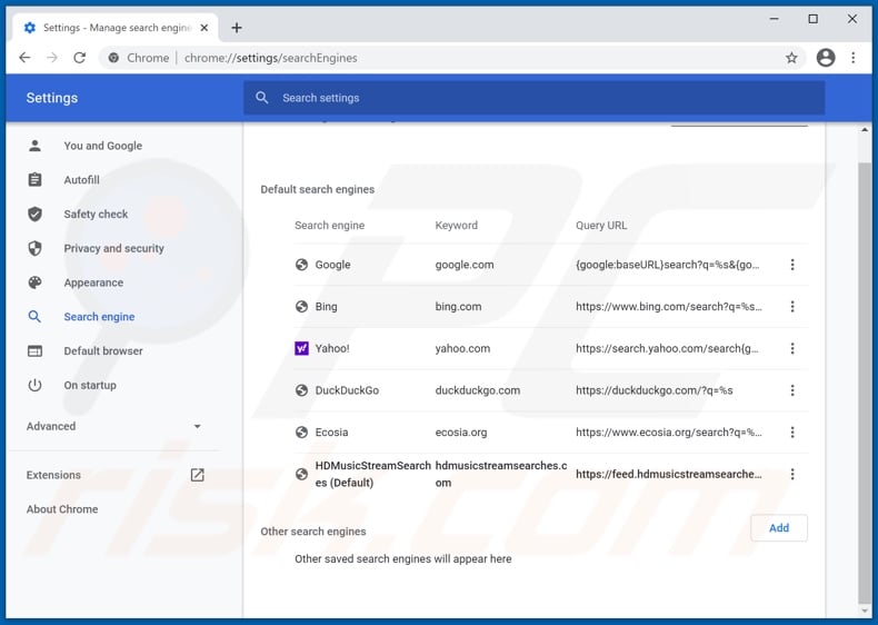 Removing hdmusicstreamsearches.com from Google Chrome default search engine