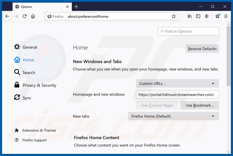 Removing hdmusicstreamsearches.com from Mozilla Firefox homepage