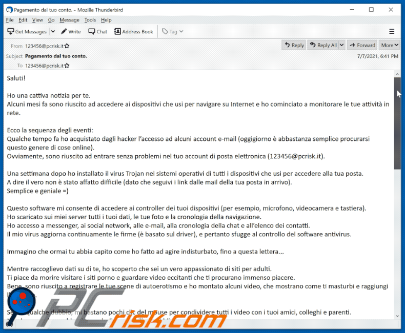 Italian variant of I have bad news for you spam email (sample 2 - 2021-07-08)