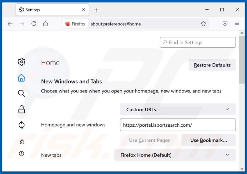 Removing isportsearch.com from Mozilla Firefox homepage