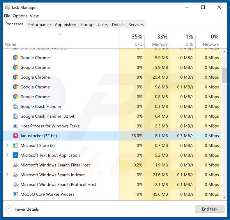 JanusLocker ransomware process on Task Manager (JanusLocker - process name)