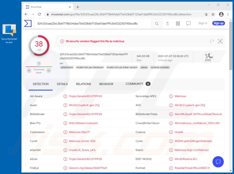 Kaseya email virus attachment detections (SecurityUpdates.exe - filename)